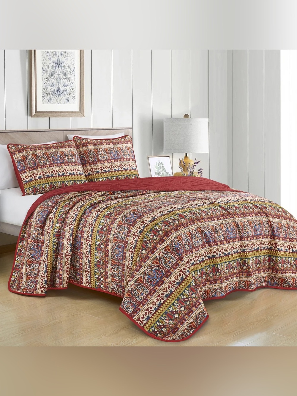 3 PIECE COZY BOHEMIAN REVERSIBLE QUILT SET – BOLD MULTICOLOR BEDSPREAD